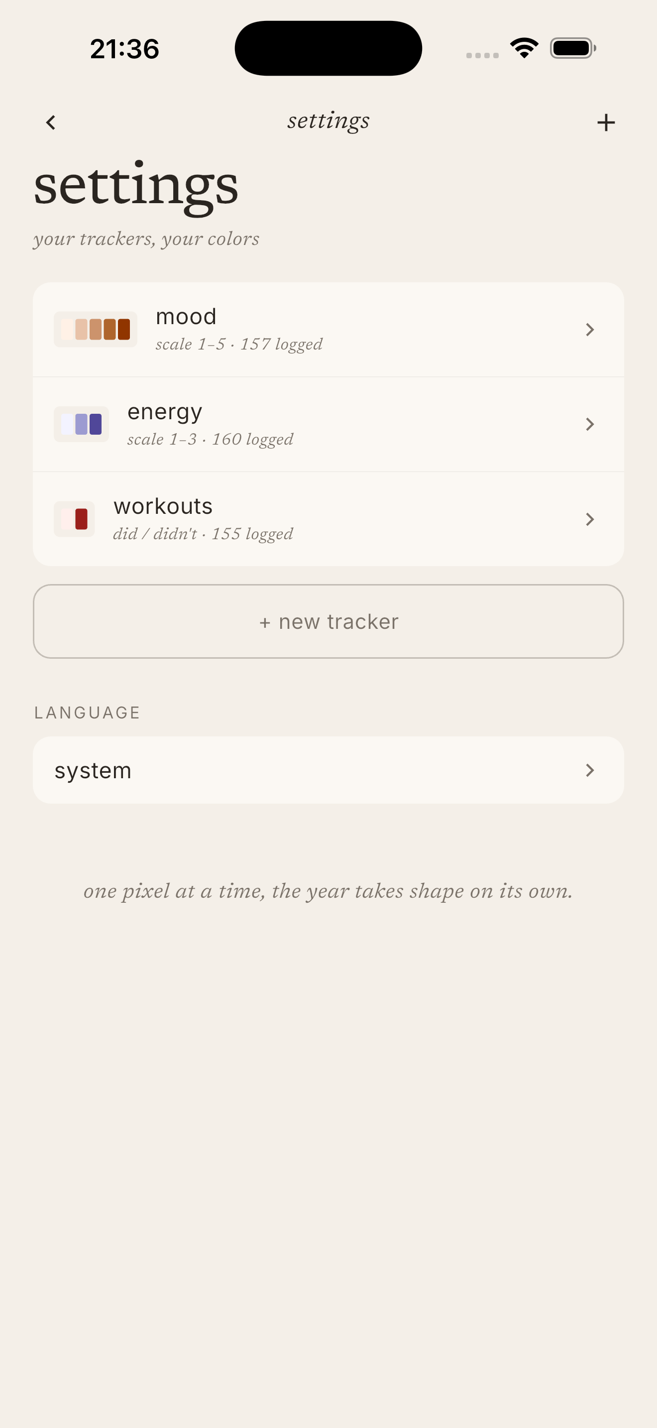 Settings — three trackers configured: mood, energy, workouts
