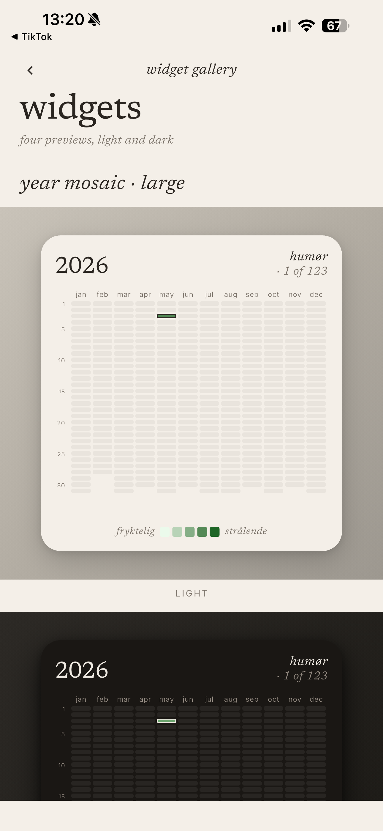 Widget gallery — year mosaic widget in light and dark mode