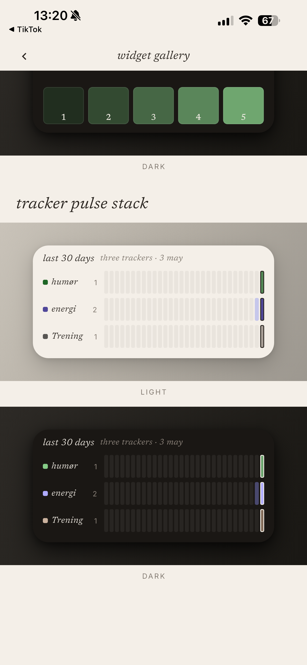 Widget gallery — tracker pulse stack widget showing three trackers, plus log buttons from Last Week, Big