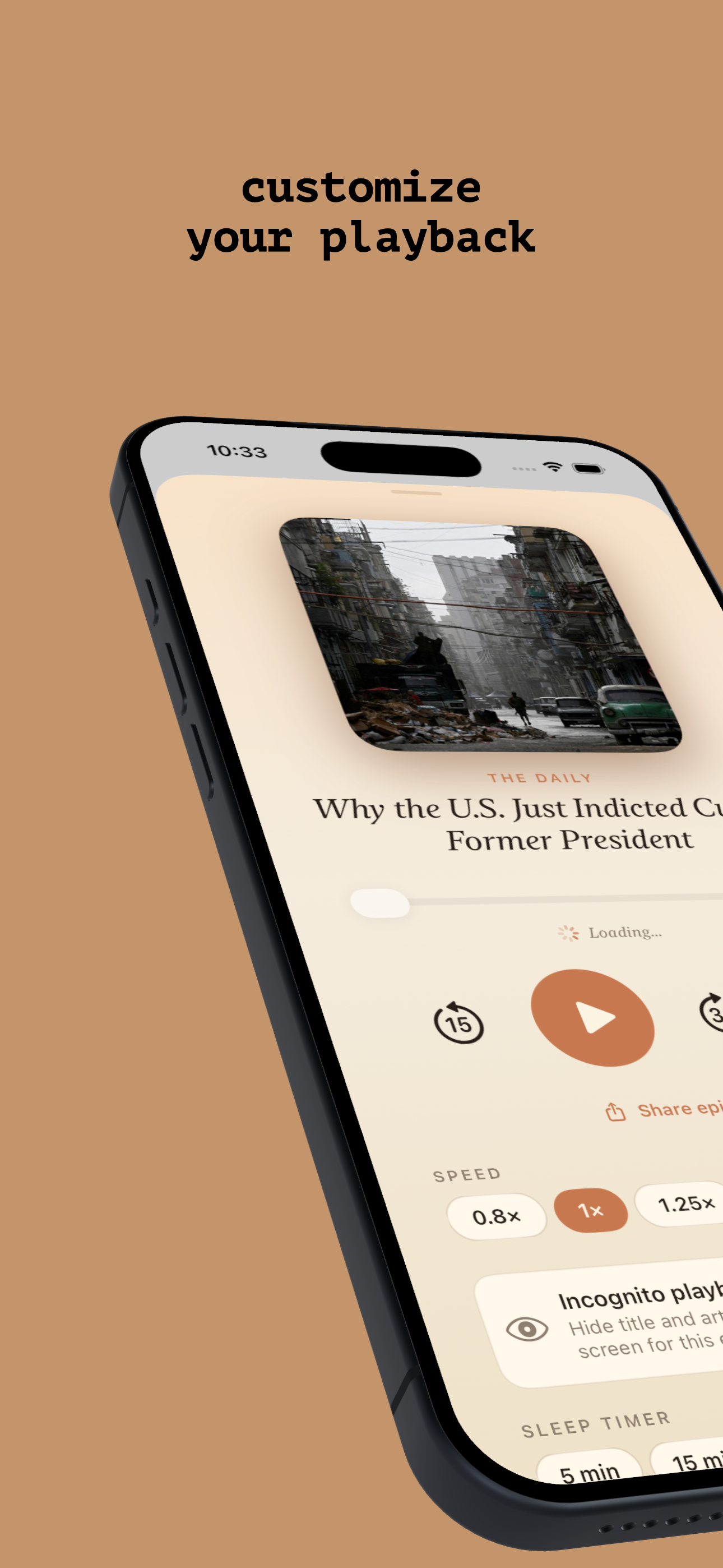 Podera player screen — playback speed pills, an incognito toggle, and a sleep timer below the controls