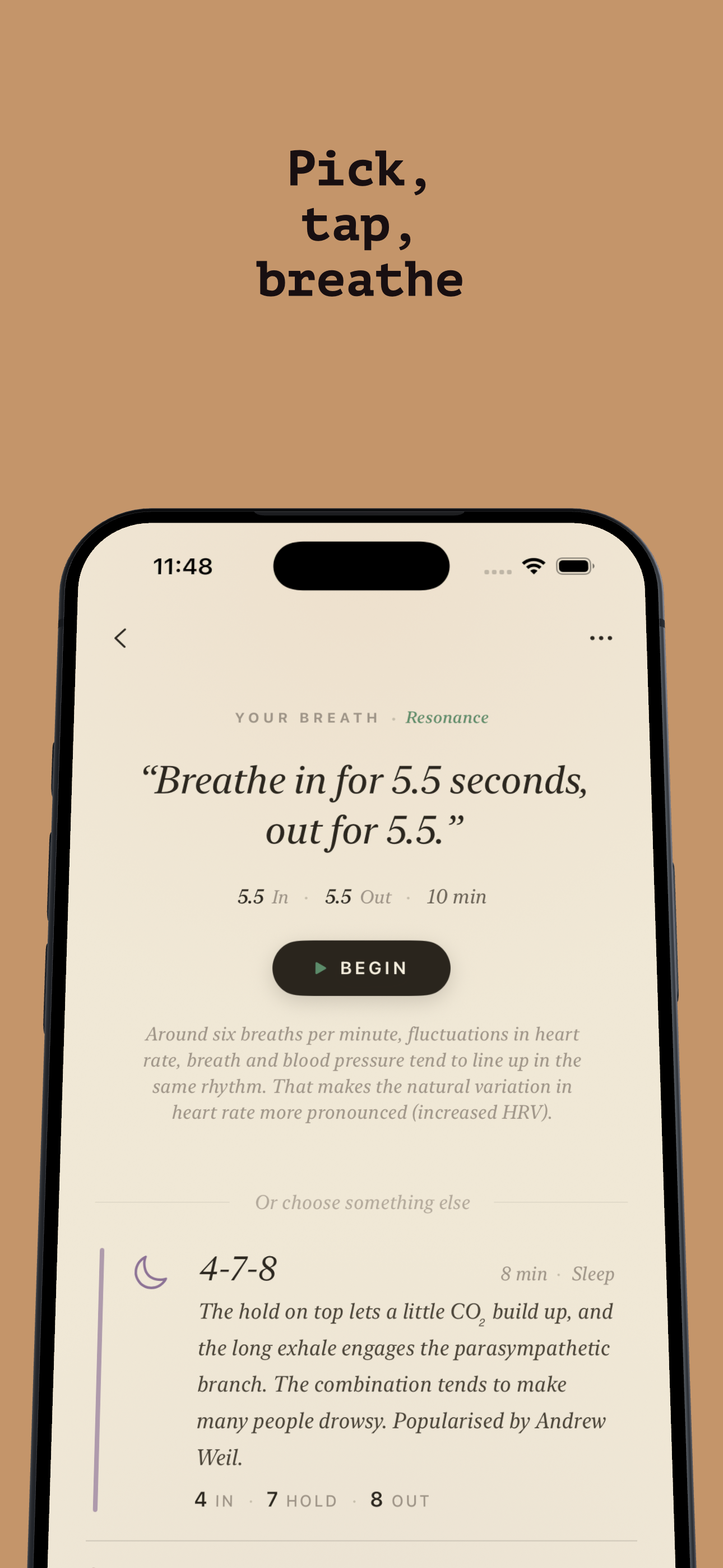 Breath library — five techniques with a favourite on top