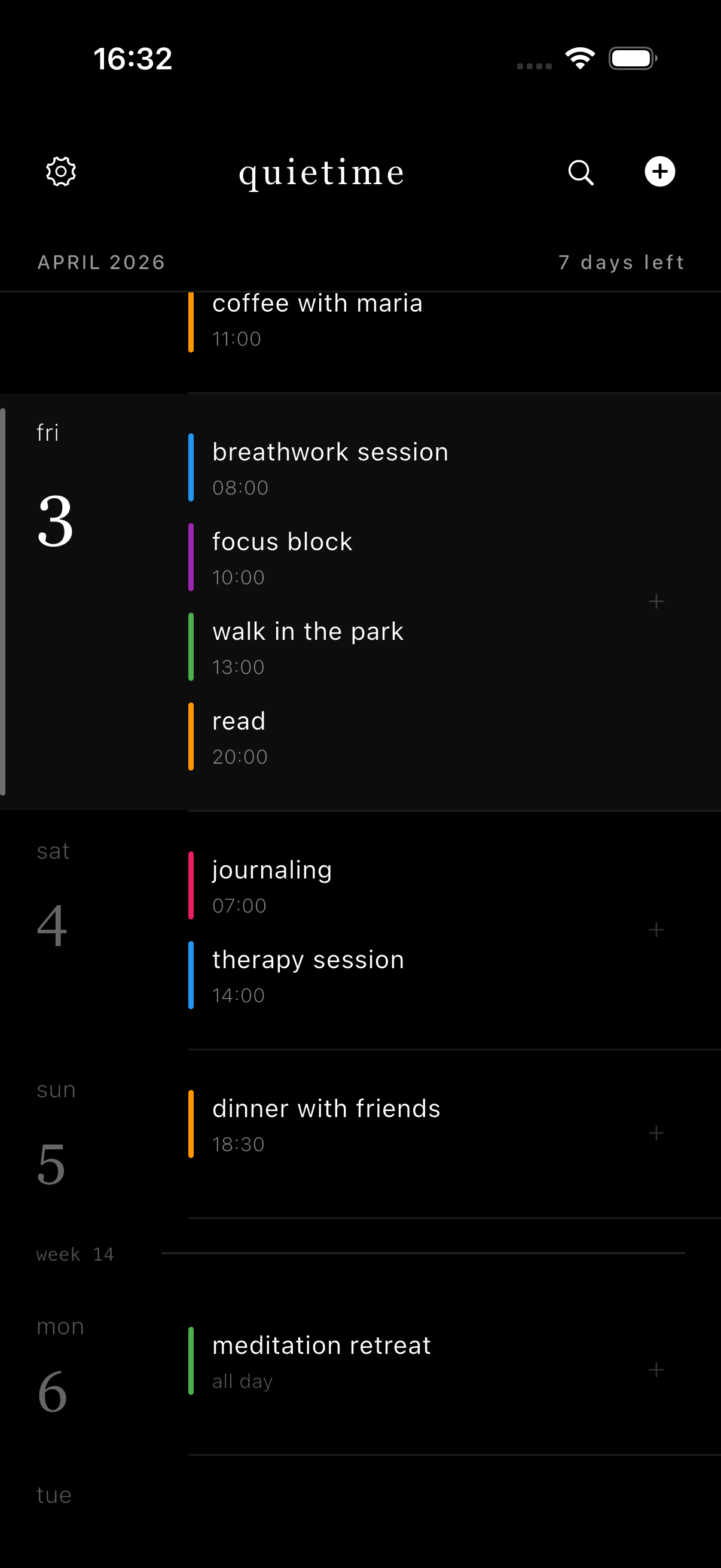 quietime timeline view showing events flowing through days