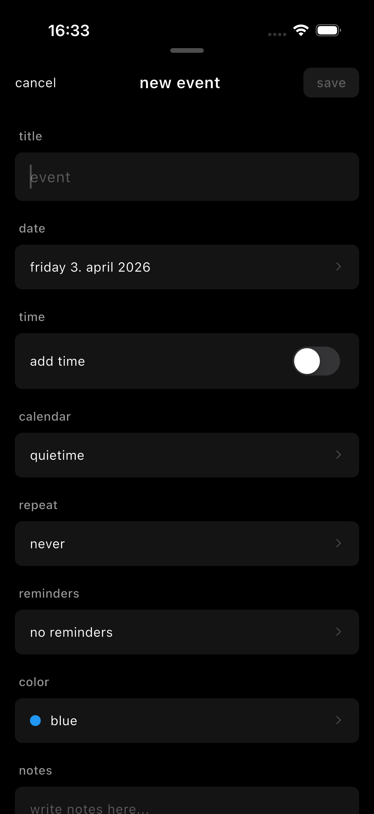 quietime new event form with date, time, color, and reminder options